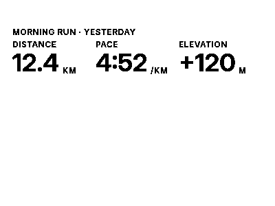 The Last activity widget as the device renders it: Sport, distance, pace, elevation, and date of the most recent workout.